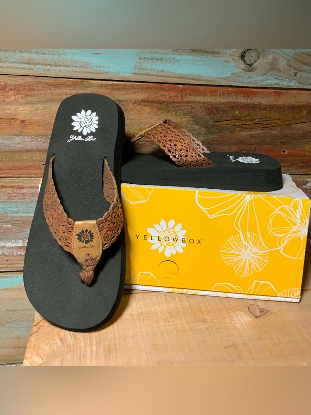 Yellow Box Wally tan Laser-Cut Strap Flip Flop Sandals